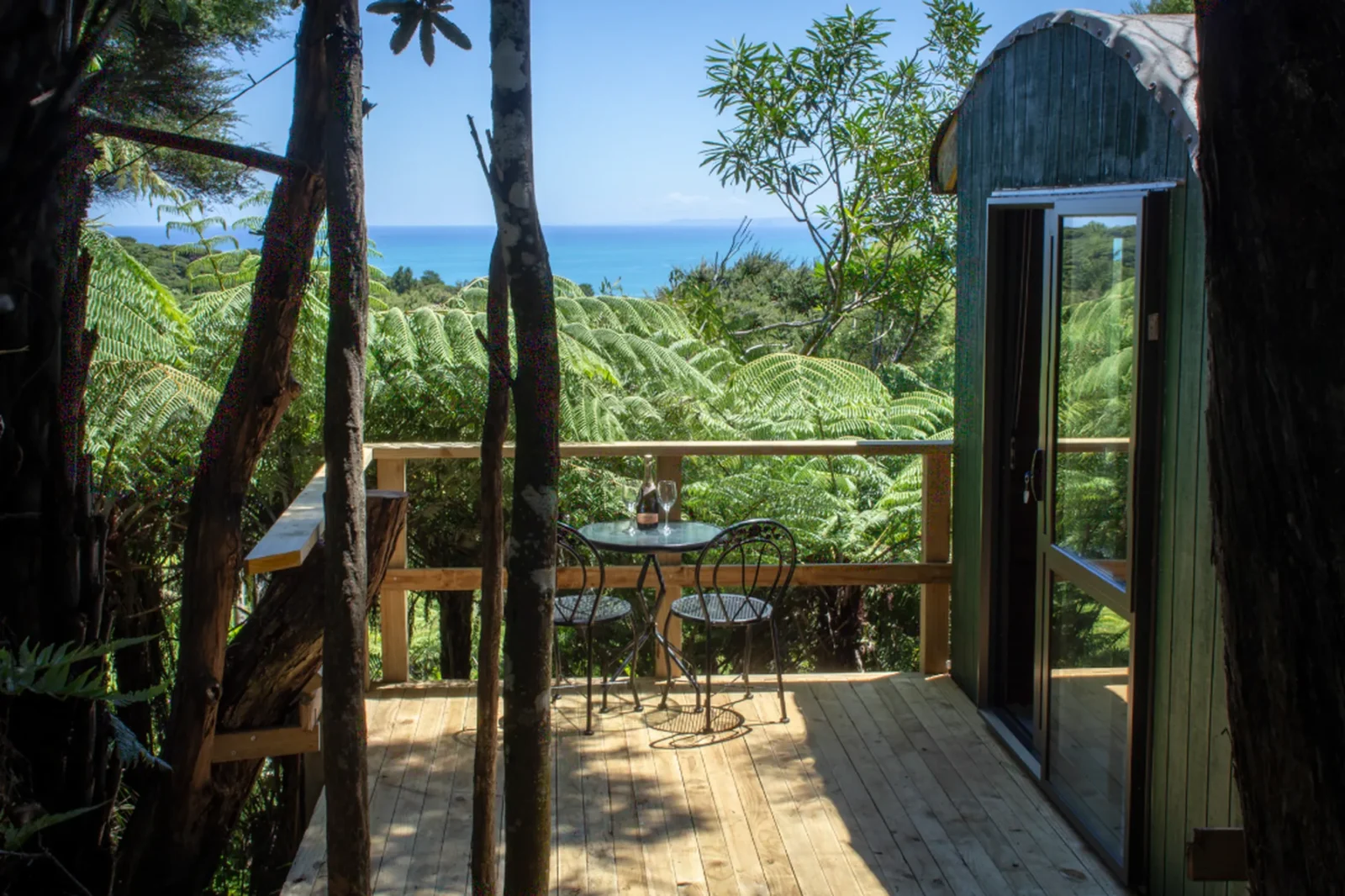 Deck entrance through native bush at The Outpost cabin Totara Enclave